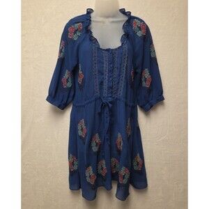 Anthropologie Meadow Rue Dress Blue Embroidered Floral SHEER Women's Medium Hobo